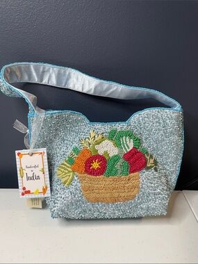 Handcrafted in India Beaded Shoulder Bag with Embroidered Fruit Basket